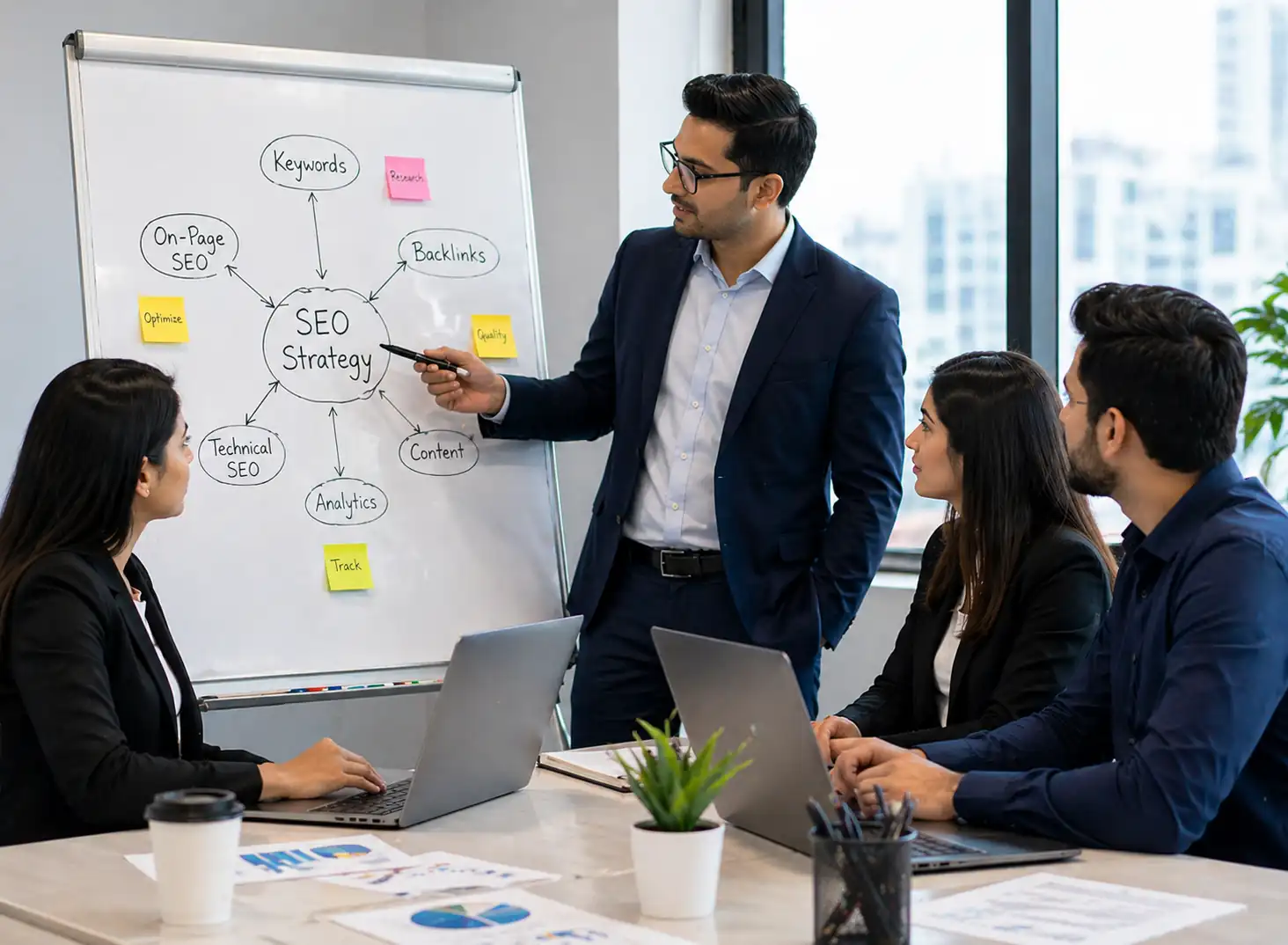 Exefic team discussing SEO performance, analytics, and business growth results in a strategy meeting